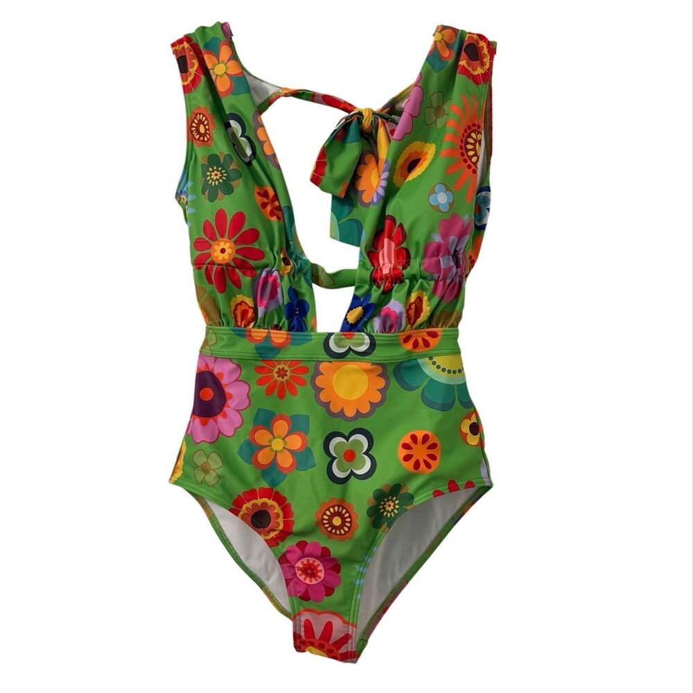 ModCloth Womens Plunge 1 Piece Swimsuit Size XS Retro Mod Vacation‎ Resort Wear